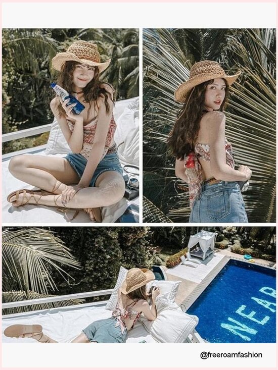 Straw Cowboy Hat Wide Brim Sun Hat with Chin Strap Breathable Western Cowgirl main image 7